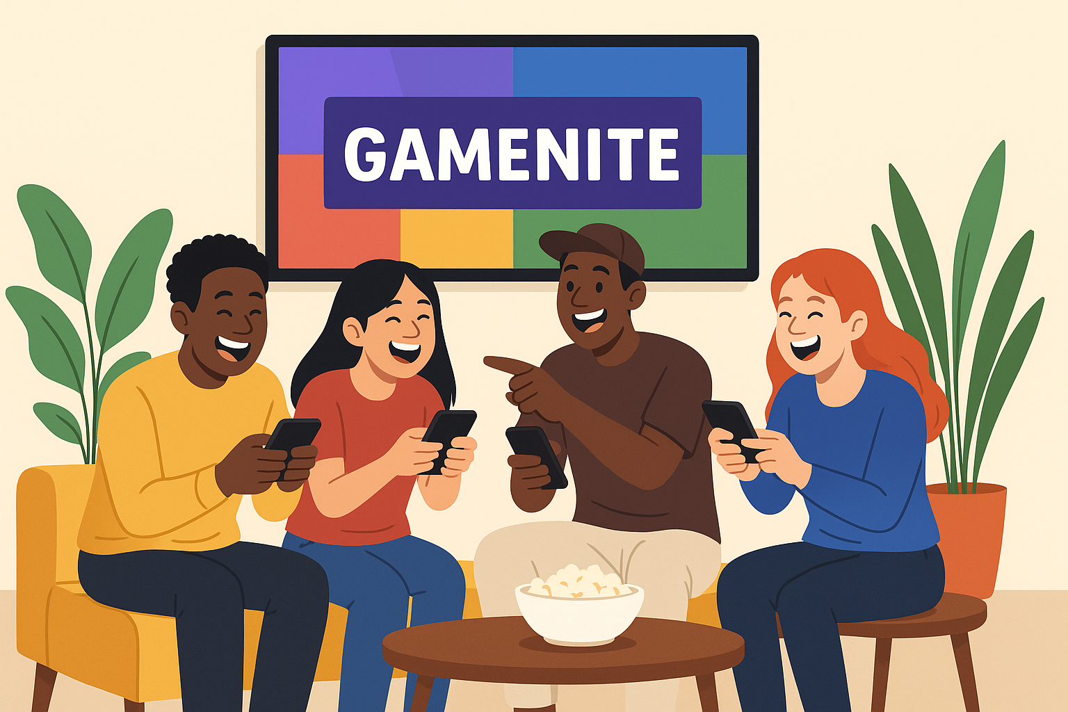 A diverse group of friends laughing and competing on their phones during a game night.
